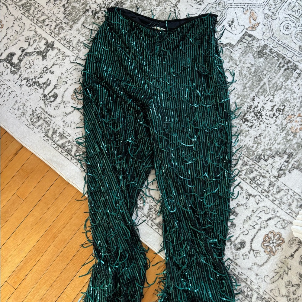 Anthropologie Black Sequin Fringe Pants